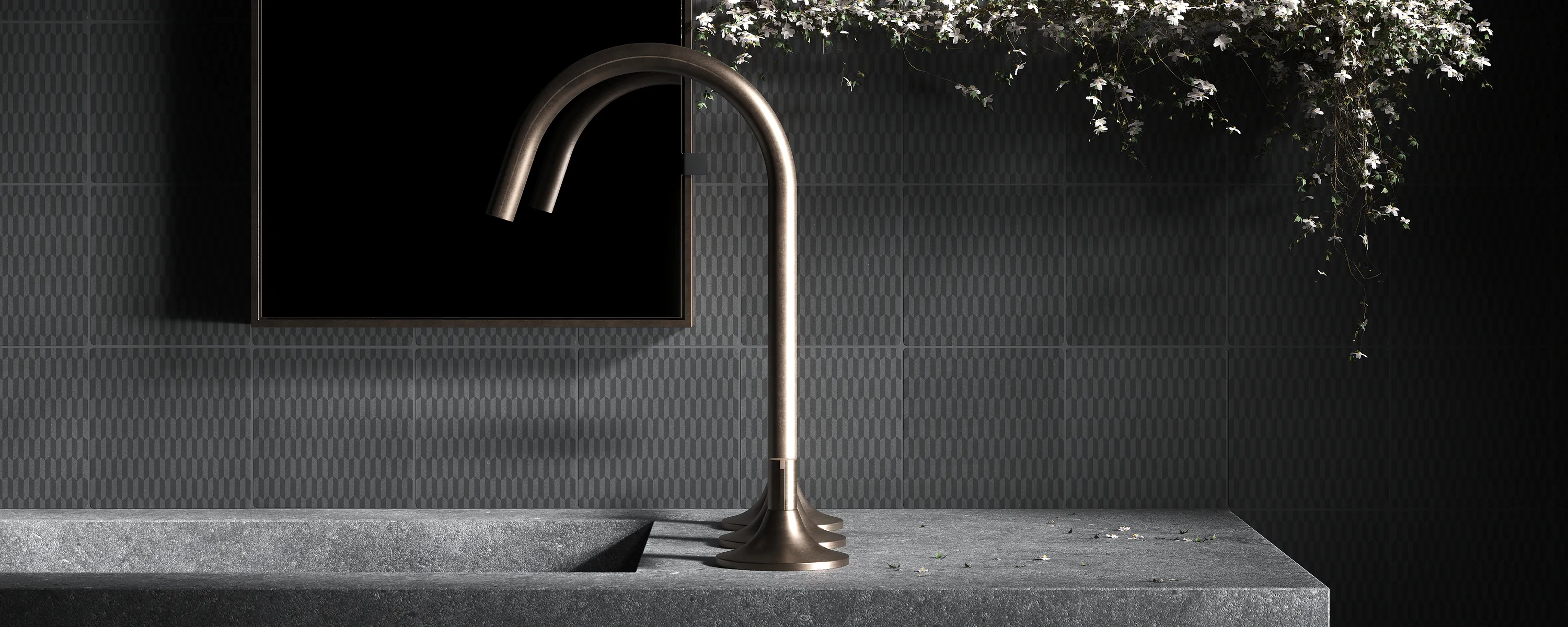 Wall cladding featuring graphite and anthracite black cement tiles with a natural matte finish
