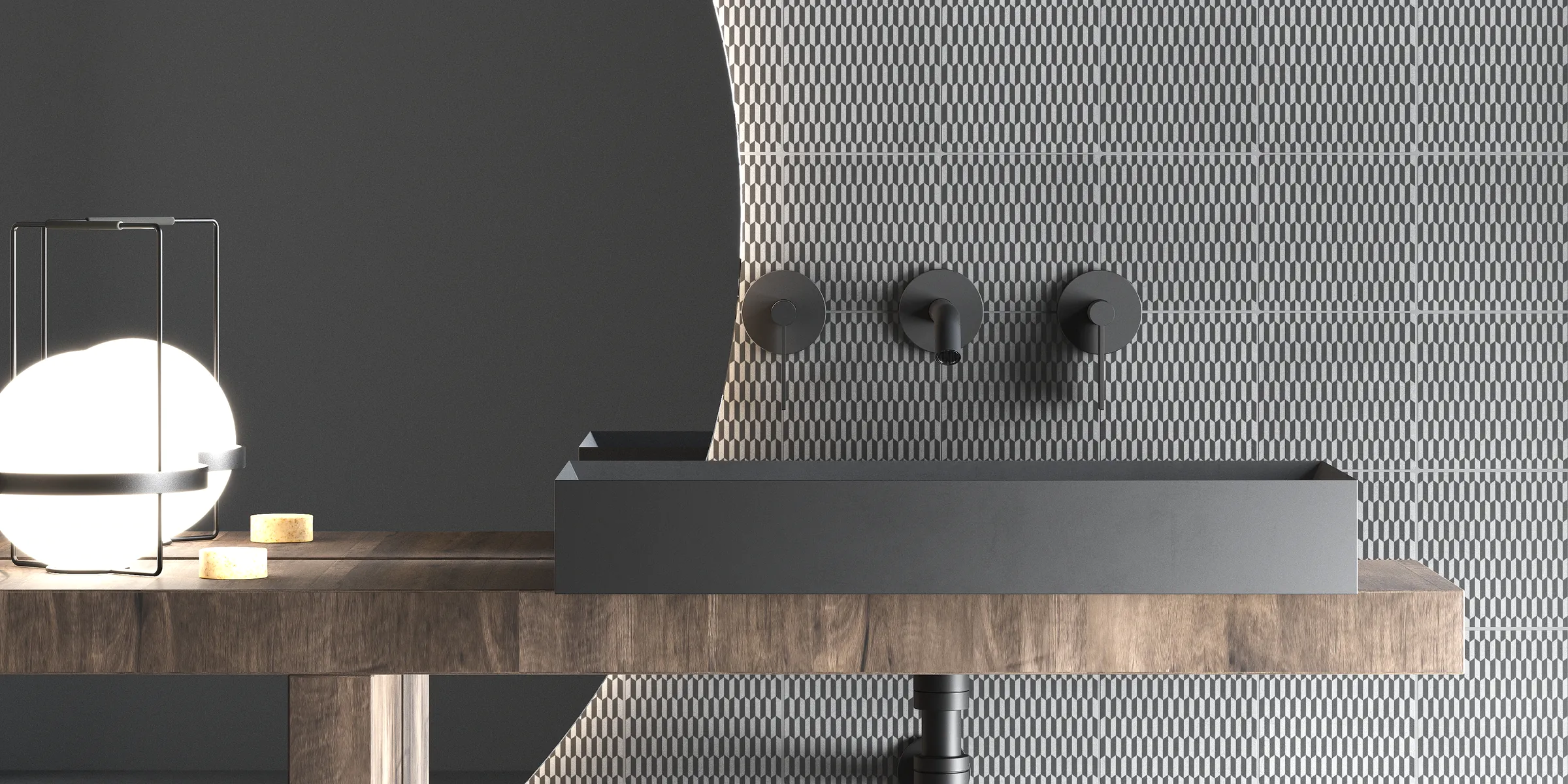Wall cladding using stone grey and anthracite black cement tiles for architecture and interior design projects